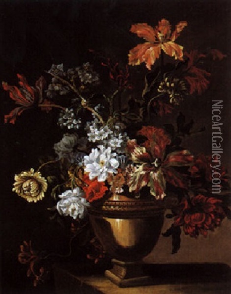 Bouquet De Fleurs Dans Un Vase En Pierre Sur Une Entablement Oil Painting - Jean-Baptiste Monnoyer