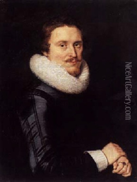 Portrait Of A Bearded Man Wearing Black Costume With White Lace Collar And Cuffs Oil Painting - Thomas De Keyser