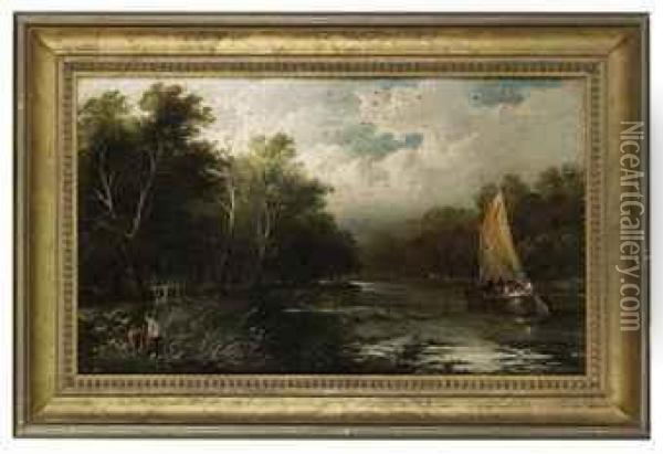 Anglers On The Riverbank With A Wherry Beyond Oil Painting - James Stark