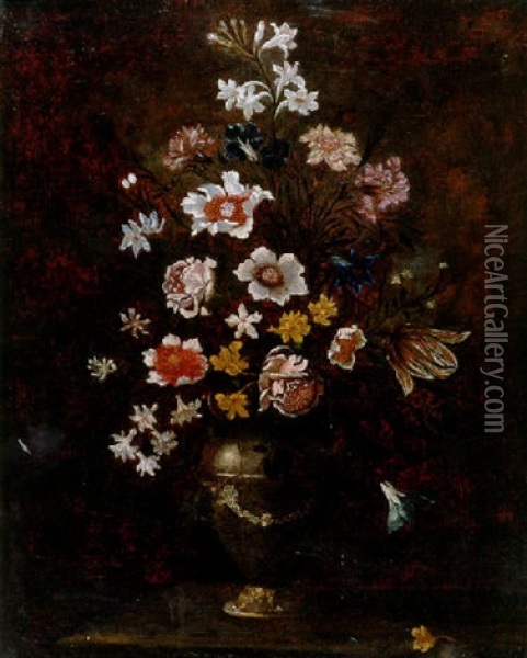Mixed Flowers In A Vase On A Ledge Oil Painting - Bartolommeo Bimbi