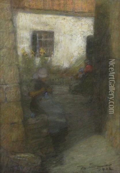 Seated Figure By A Cottage Door Oil Painting - Mark Senior