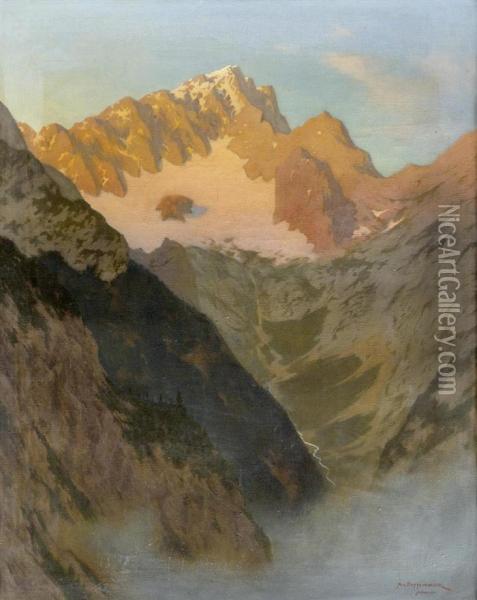 Landscape With Mountains At Sunset Oil Painting - August Wilhelm Dieffenbacher