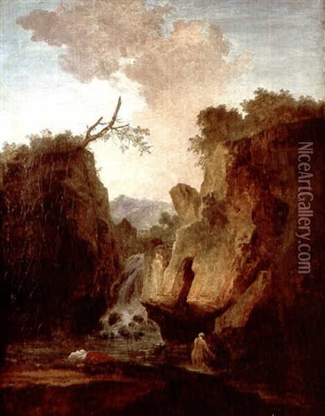 Paysage Montagneux Avec Cascade, Une Baigneuse Oil Painting - Hubert Robert