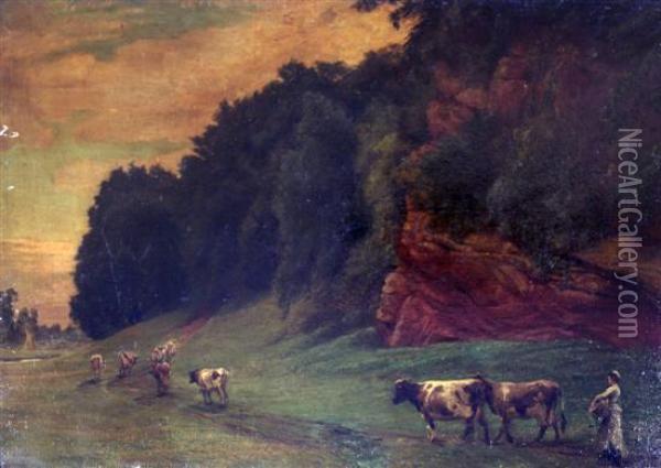 Cattle Drover In A Landscape & Farmhands At Rest Oil Painting - Edgar Barclay