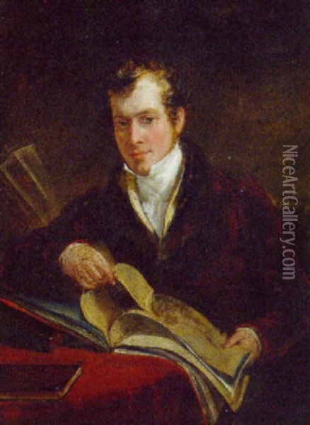 Portrait Of The Hon. Robert S. Jameson, Seated Small Three-quarter-length, In A Red Jacket With Fur Collar And White Shirt, Holding A Book Oil Painting - John Hayter