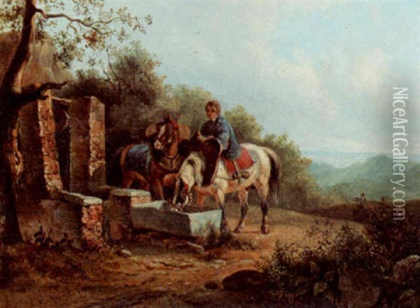 Landscape With Two Horses Oil Painting - Lodewijk Hendrik Arends