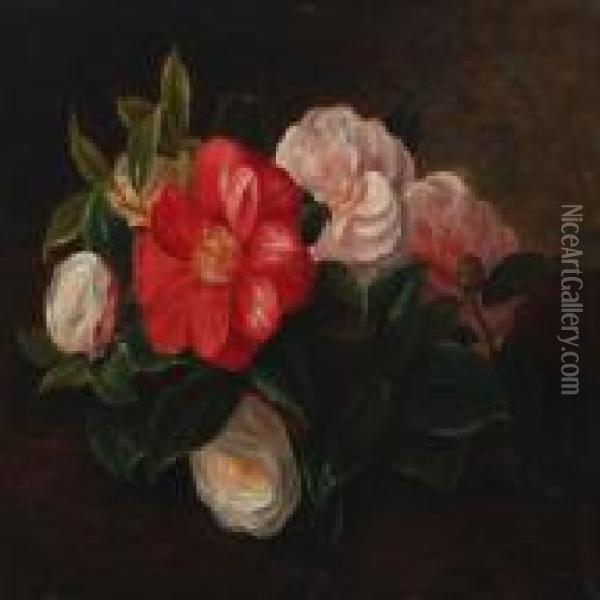 Red- And Pink Camellia Flowers On A Table Oil Painting - I.L. Jensen