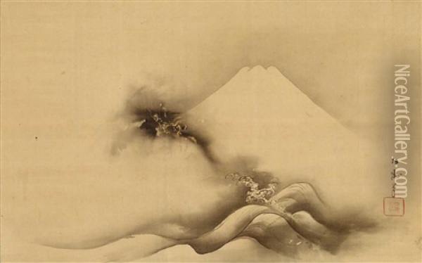 Fuji, Ein Drache In Wolken Und Wellenberge Im Vordergrund Oil Painting - Kikuta Hideyuki
