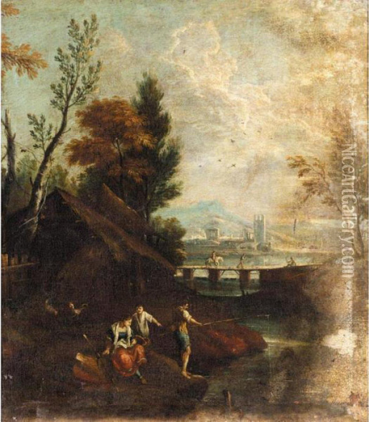 River Landscape With Figures Fishing In The Foreground Before A Cottage Oil Painting - Francesco Zuccarelli