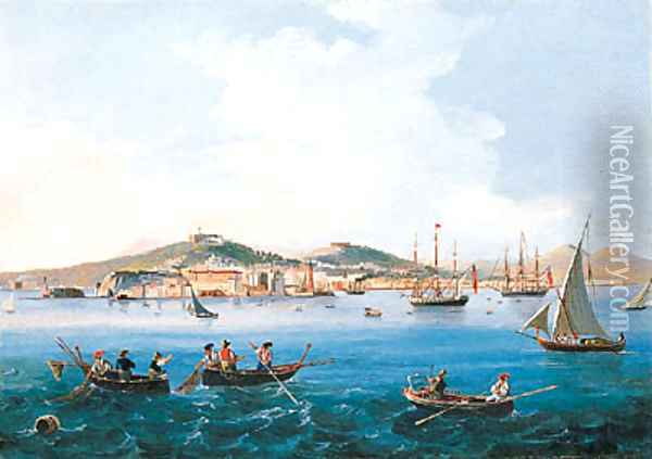 A view of Naples from the Sea looking towards the Castel dell'Ovo Oil Painting - Neapolitan School