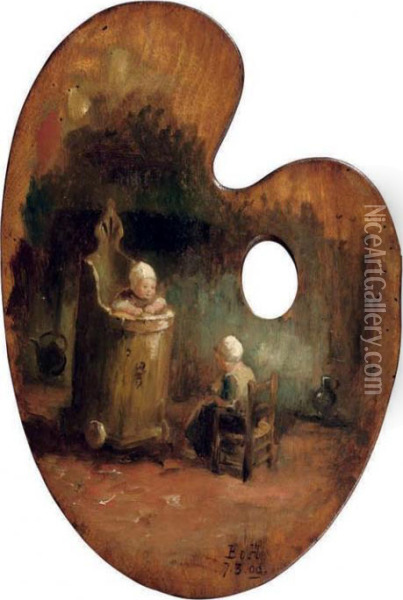 Children In An Interior - A Palette Oil Painting - Bernard Johann De Hoog