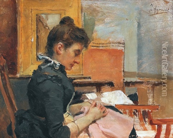 Interieur Mit Stickender Frau Oil Painting - Joaquin Agrasot y Juan