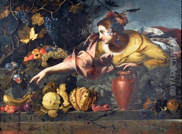 Natura Morta Con Figura Femminile Oil Painting - Giuseppe Recco