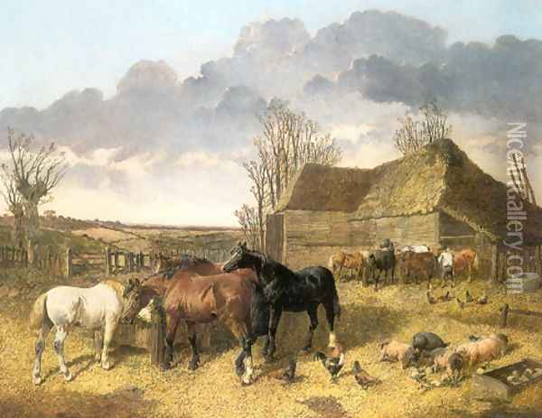 Horses Eating From Manger with Pigs and Chickens in Farm Yard Oil Painting - John Frederick Herring Snr