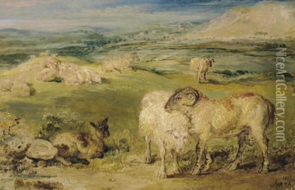 Sheep In A Pastoral Landscape Oil Painting - James Ward