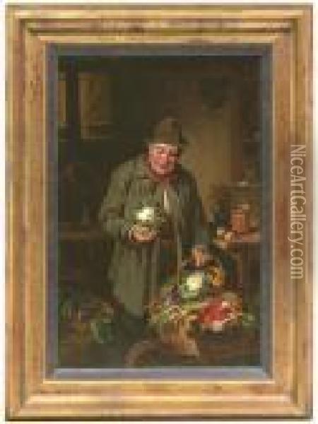 Kitchen Interior With A Greengrocer. Oil/panel, Signed Oil Painting - Hermann Kern