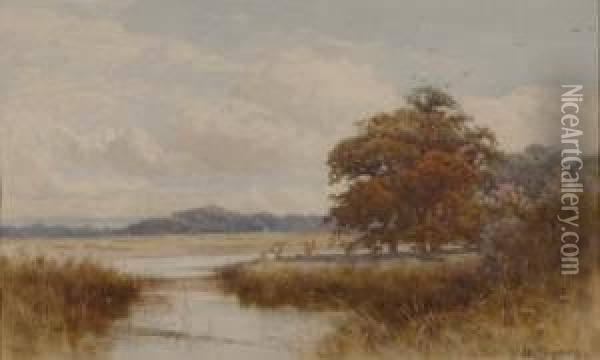 River Landscape With Three Fishermen On The Bank Oil Painting - Henry Sykes