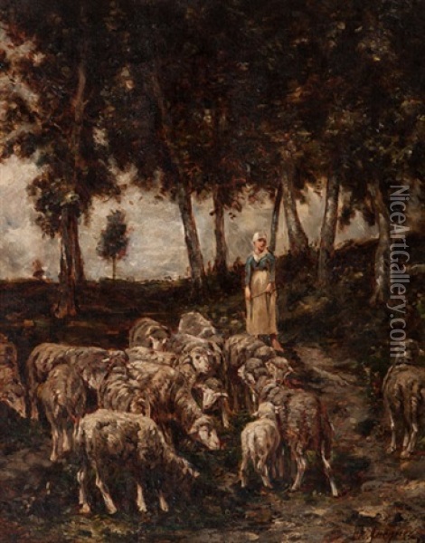 Shepherdess And Flock Oil Painting - Charles Emile Jacque