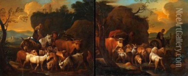 Paysans Et Troupeau (pair) Oil Painting - Jean Daniel Huber