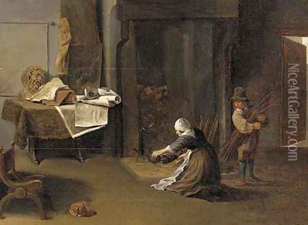 A young man and a woman lighting a fire in a study Oil Painting - David The Younger Teniers