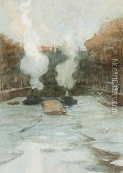 Icebreakers On The Herengracht Oil Painting - Nicolaas Van Der Waay