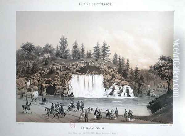 The Big Cascade in the Bois de Boulogne in Paris, published by Caudrilier, 1860 Oil Painting - J. Walter
