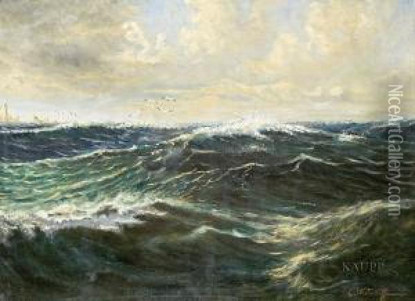 Seestuck Mit Bewegten Schaumenden Wellen, Daruber Mowen Fliegend Oil Painting - Konstantin A. Weschtschiloff