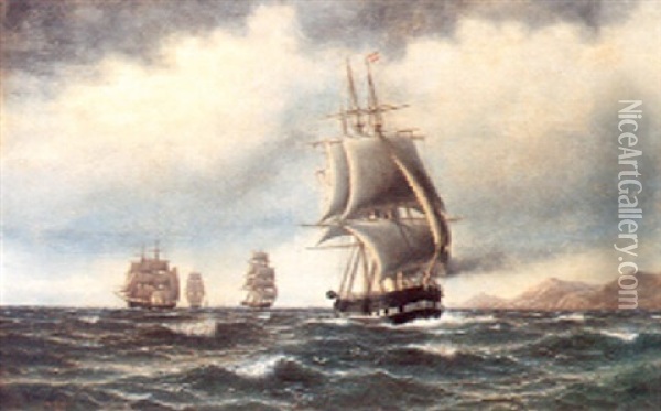 Marine Med Sejskibe Ved Klippekyst Oil Painting - Thorvald Christian Benjamin Moller