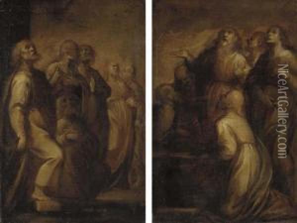 Two Studies For The Assumption Of The Virgin: Six Apostles, One Kneeling; And Six Apostles Around A Tomb Oil Painting - Pietro Sorri