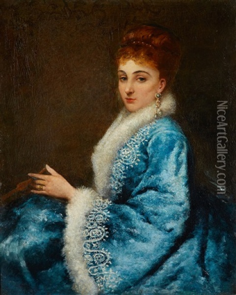 Portrait De Jeune Femme En Robe Bleue Oil Painting - Maurice Poirson