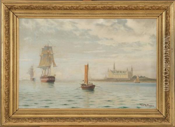 Ships And Fishermen Passing Kronborg Oil Painting - Johann Jens Neumann