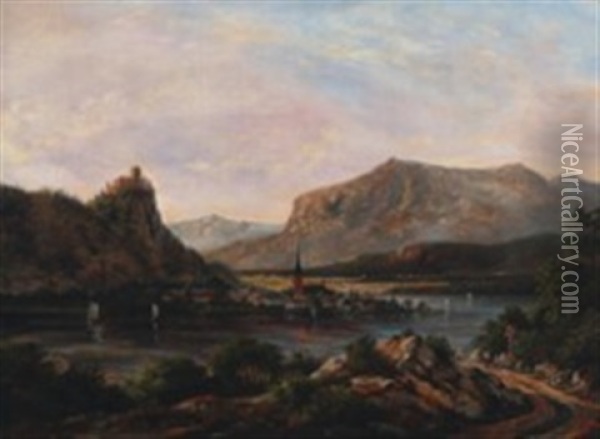 Riverscape With Castle At The Summit Oil Painting - Anton Edvard Kjeldrup