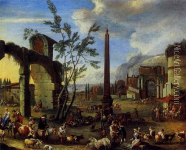 Vue D'un Village De La Campagne Romaine Avec Un Obelisque Oil Painting - Paolo Monaldi