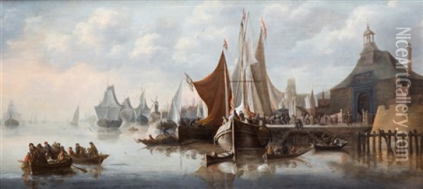 View Of The Rotterdam Harbour, With Possibly The Oude Hoofdpoort Oil Painting - Hendrick De Meijer