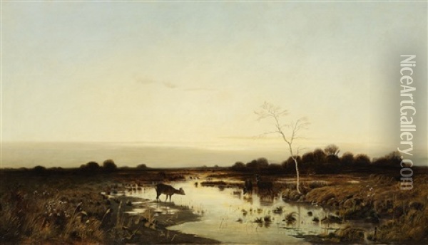 An Evening Panorama With Deer Oil Painting - Konrad Alexander Mueller-Kurzwelly