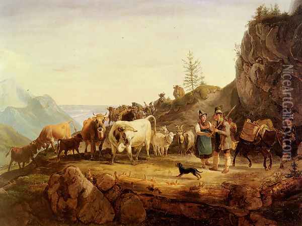 Almabtrieb (Return From The Mountain Pasture) Oil Painting - Friedrich Gauermann