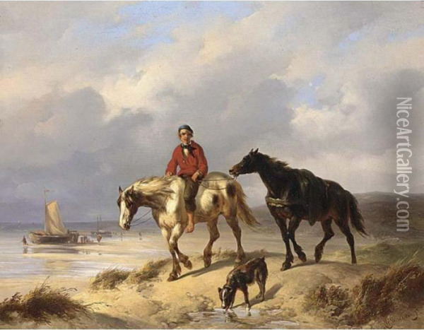 A Fisherman On Horseback In The Dunes Oil Painting - Wouterus Verschuur