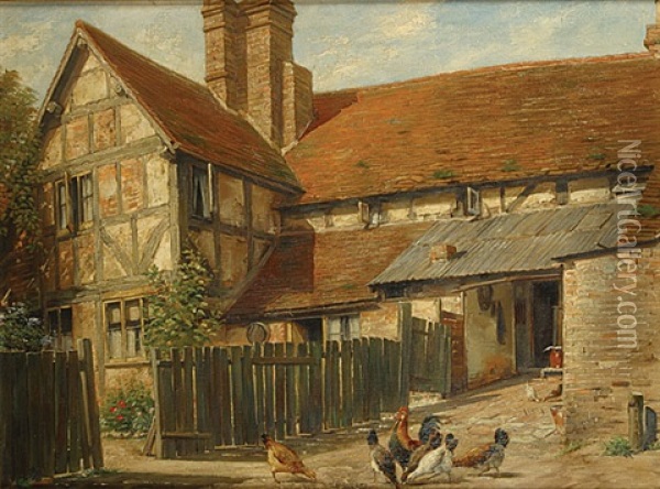Boerderij Met Kippen In Billinghurst, Sussex Oil Painting - Gerard Jozef Portielje