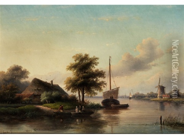 Flusslandschaft Mit Schiffen, Muhle Und Reetgedecktem Haus Oil Painting - Jan Jacob Spohler