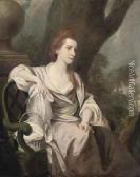 Portrait Of A Lady, 
Traditionally Identified As Elizabeth Osborne,countess Of Carysfort (d. 
1783), Three-quarter-length, Seated In Apink Dress, In A Landscape Oil Painting - Sir Joshua Reynolds