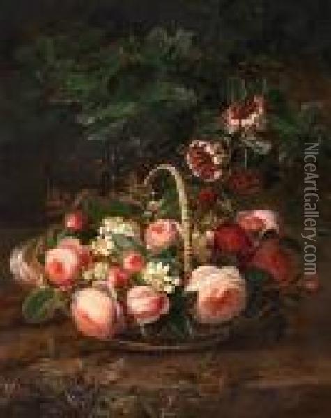 Still Life With Roses, Honeysuckle And Jasmine Oil Painting - Johan Laurentz Jensen
