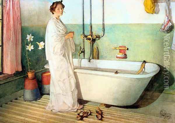 Lisbeth Prepares A Bath Oil Painting - Carl Larsson