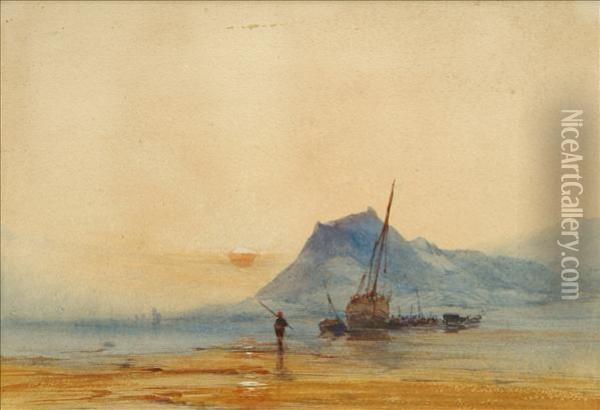 Coastal Scene At Duskwith Beached Fishing Boats Oil Painting - John Callow