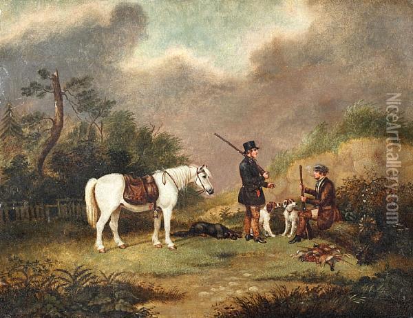 Two Huntsmen With Gun Dogs And A Pony In A Landscape Oil Painting - Augustus S. Boult