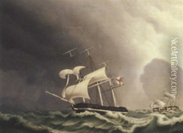 A British And A Danish Frigate Under Reduced Sail In Heavy Seas Oil Painting - Jakob Petersen