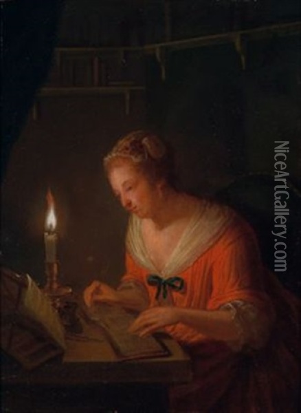 Eine Junge Frau Liest Bei Kerzenschein In Ihrer Bibliothek Oil Painting - Dominicus Gottfried Waerdigh