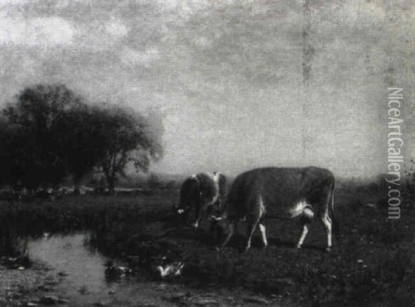 Cows Grazing Near A Pond With Ducks Oil Painting - James McDougal Hart