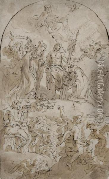 Saint Accueilli Au Ciel Par Le Christ Et La Vierge Oil Painting - Theodor Van Thulden