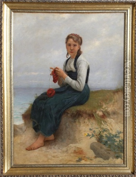 Young Woman Knitting In Seascape Oil Painting - Francois Alfred Delobbe