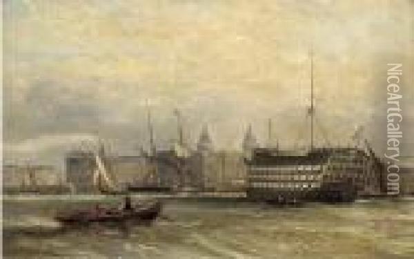 A Three-decker Lying On The Thames Before Greenwich Oil Painting - Edward William Cooke